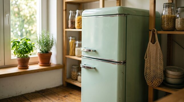 Medium shot of a refurbished kitchen appliance softly blurred background highlighting ecofriendly rental concept and sustainable consumer habits.