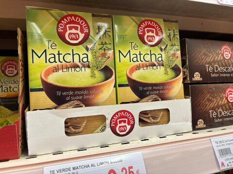 Alicante, Spain - April 25, 2026: Pompadour matcha tea with lemon packaging displayed on a supermarket shelf, featuring green tea and lemon graphics