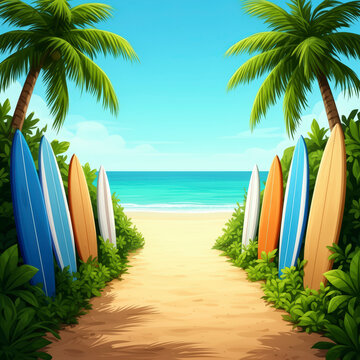 playa, mar, la palma, tropical, &aacute;rbol, isla, verano, oce&aacute;no, arena, acu&aacute;tico, viajando, cielo, ed&eacute;n, sol, paisaje, naturaleza, vector, vacaciones, costa, ilustraci&oacute;n, olas, coco, estaci&oacute;n, relaja