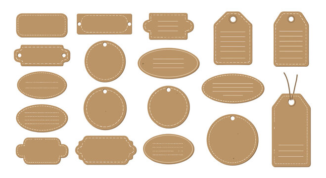 A wide variety of blank kraft paper labels with dashed border stitching are arranged in a grid formation against a clean and simple neutral white background.