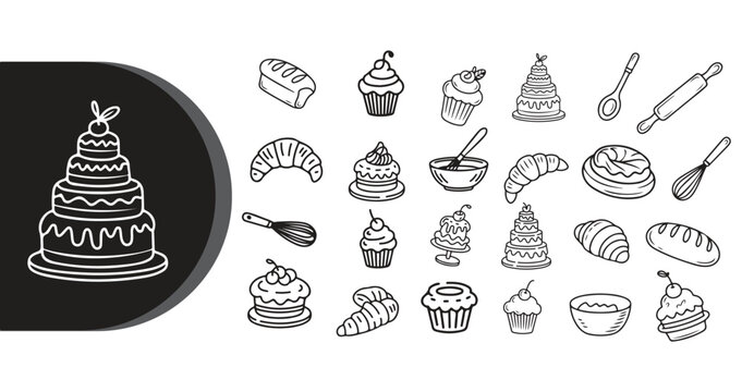 A collection of various baked goods and baking tools illustrated in black and white on a white background with a large cake on a black plate