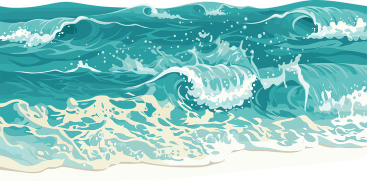 ocean waves with white foam and blue water splashes, summer beach sea surf background, marine nature elements on transparent background