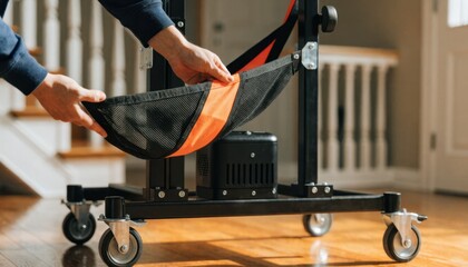 Obraz premium Close medium shot of powered floor lift installation focusing on hands mounting the sling creating a safe transfer environment at home with a blurred backdrop.