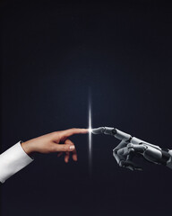 Obraz premium White cyborg robotic hand pointing his finger to human hand with stretched finger on blue night sky with stars - cyber la creation. Poster with copy space.