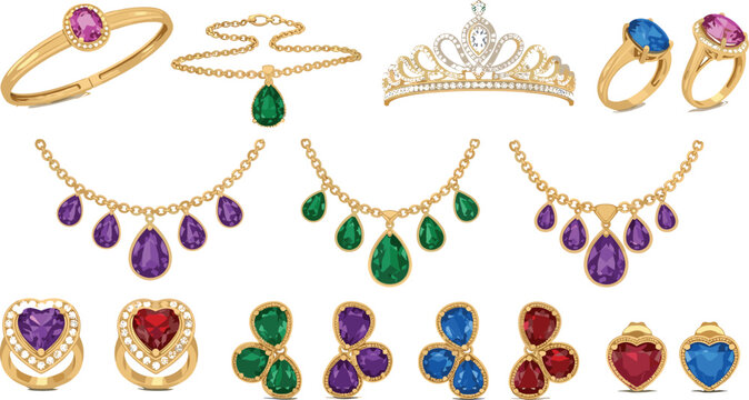 Luxury gemstone jewelry collection with gold rings necklaces and tiara in elegant vector illustration set
