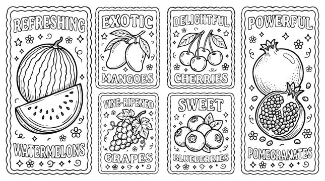  Vintage Fruit Label Collection with Watermelon Mango Grapes and Pomegranate Black and White Line Art Vector Set for Packaging Branding and Coloring Pages 