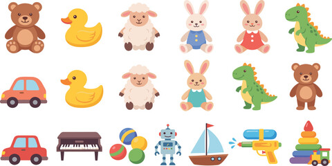 Large vector collection of cute cartoon children toys featuring animals vehicles robots and musical instruments © MDRIFAT