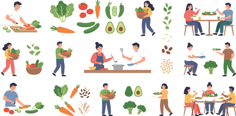 Fototapeta premium People preparing organic meals harvesting fresh vegetables and eating healthy food together vector illustration set