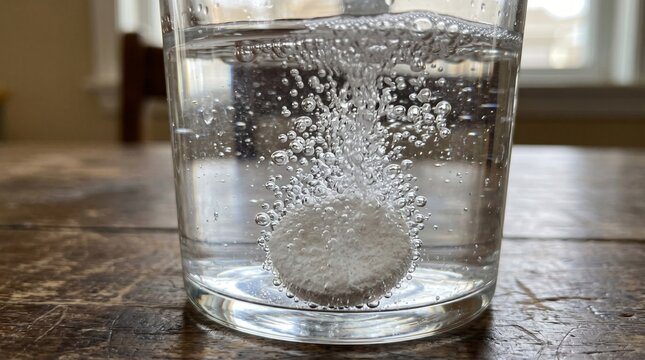 Effervescent Tablet Dissolving: Capturing the mesmerizing process of an effervescent tablet dissolving in a clear glass of water, creating a vibrant display of bubbles and effervescence.