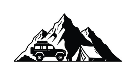 Mountain landscape with off road vehicle and tent silhouette © momotaj