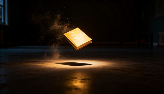 Glowing old book floating in dark room with dust particles. Magical vintage literature levitating in magical space. Imagination, fantasy, education and mystery concept for book lovers.