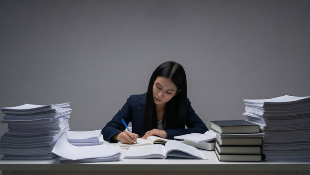 積み重なった書類の中で仕事をしている女性