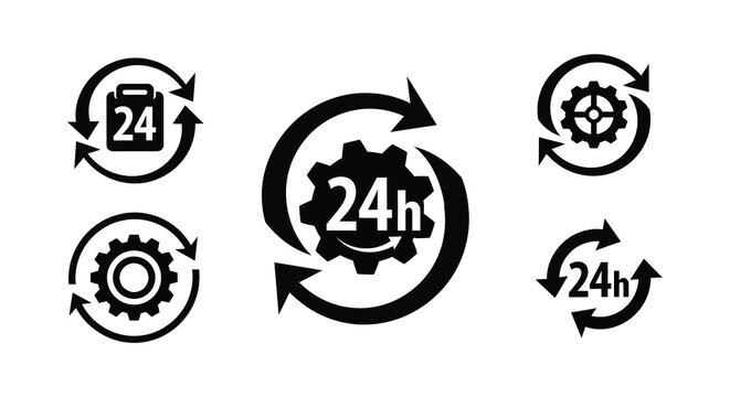 set of 24 hour service icons in black silhouette high quality professional detailed modern elegant stylish clean crisp vibrant colorful digital creative