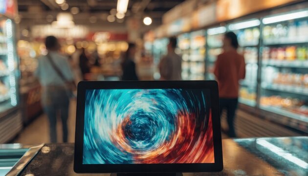 Closeup view of a small counter display monitor featuring a rotating movie trailer with the busy store environment softly blurred behind.