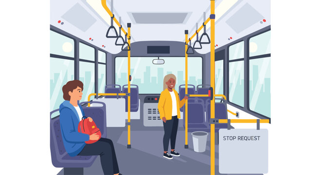 A person sitting with a backpack and another person standing by a vertical pole inside a public transport bus against a city skyline view in flat vector.