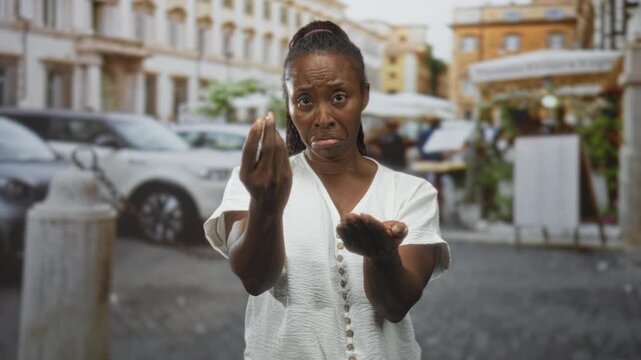 Woman with white shirt holds out hands, palms up, pleading and gesturing for help on a crowded city street; appeal concern.