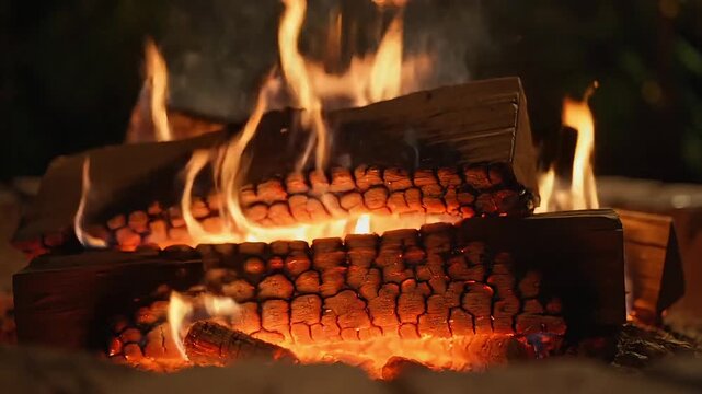 Warm, cozy fire, burning wood, flames, fireplace