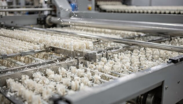 Medium shot capturing cutting equipment slicing crimped staple fiber tops into uniform lengths emphasizing precision and automation in fiber manufacturing.