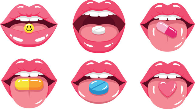 Open lips with pills and candy collection in pop art vector illustration set