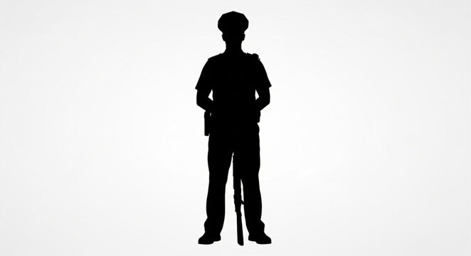 Silhouette of a Police Officer Standing Guard with Baton.