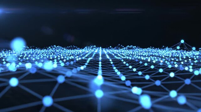 3D network of blue glowing nodes on dark background, generative AI footage