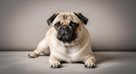 Obraz premium Close up portrait of a fawn pug dog lying down on a neutral grey background studio indoors looking directly at the camera