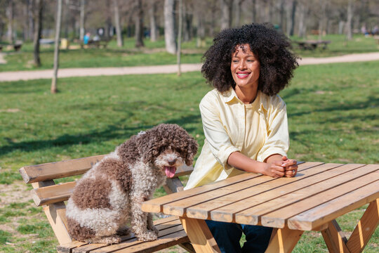 Young African woman and her dog sitting at a table in a park