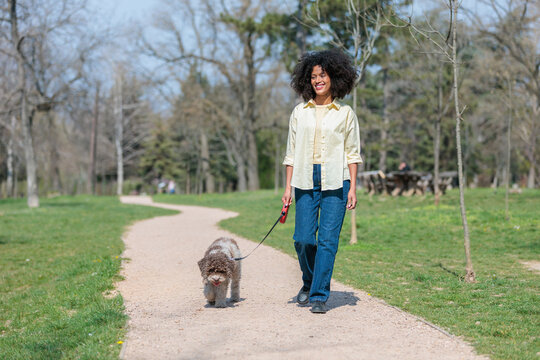 African woman walks dog in the park on a sunny day surrounded by trees and grass