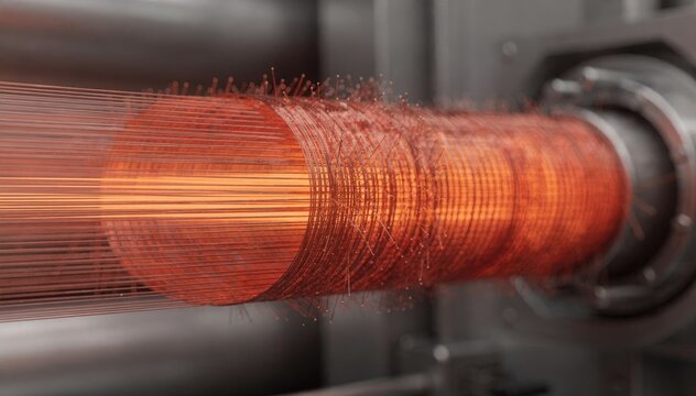 Medium shot of lowtow acrylic precursor fibers undergoing controlled oxidation process highlighting fine fiber detail and uniform stabilization before carbonization.
