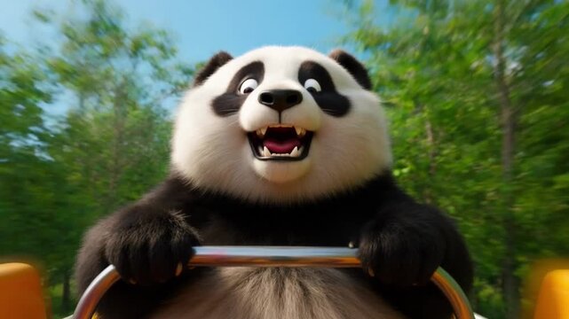 Excited cartoon panda riding roller coaster in forest 4K Ai HD high quality video.