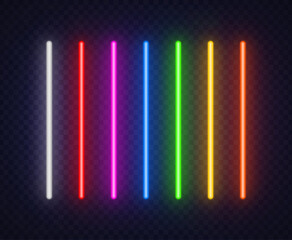 Naklejka premium Vertical neon light tubes in multiple bright colors glow against a dark brick wall. The clean arrangement creates a modern background with a strong futuristic vibe.