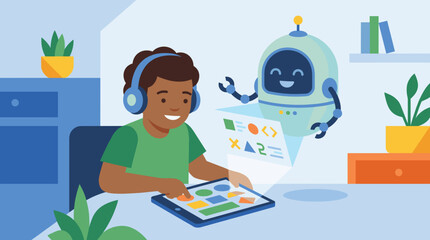 Fototapeta premium A young boy wearing headphones and using a tablet with a robot assistant in a colorful and modern learning environment vector