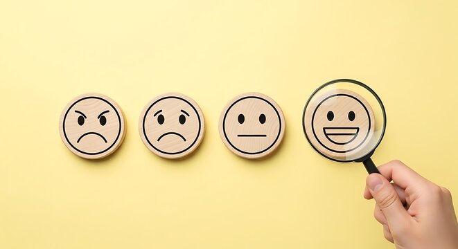 A hand holding a magnifying glass focuses on a happy face among various emojis on wooden tokens against a yellow background, symbolizing customer satisfaction and feedback