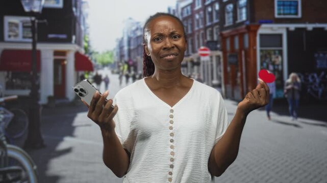 Woman holding smartphone in left hand and pinching a small red paper heart between fingers on a city street with storefronts and bicycles; confusion longing.