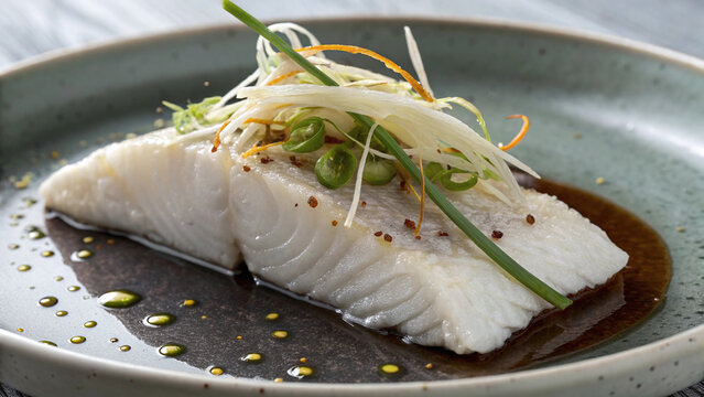 Macro steamed white fish with ginger and scallions, delicate flaky texture, light broth sheen and soft minimal lighting