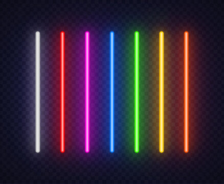 Vertical neon light tubes in multiple bright colors glow against a dark brick wall. The clean arrangement creates a modern background with a strong futuristic vibe.