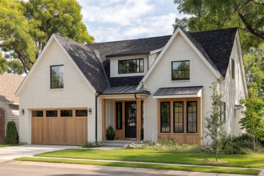 Modern house design with white brick and wood elements in a suburban setting surrounded by green trees during a sunny day
