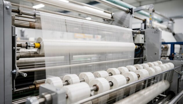 Medium shot capturing a highspeed spindrawwind line in action emphasizing rapid filament extrusion drawing and winding for efficient fiber production.
