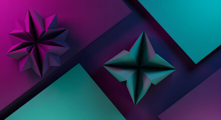 Obraz premium Vibrant abstract digital art features geometric shapes and starburst designs in purple and teal hues on a sleek background.