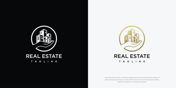 Real Estate Logo Design with Hand and Buildings