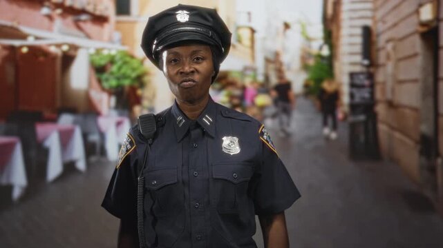 Black woman police officer in uniform pointing finger toward camera on a street with badge and radio visible; authority duty.