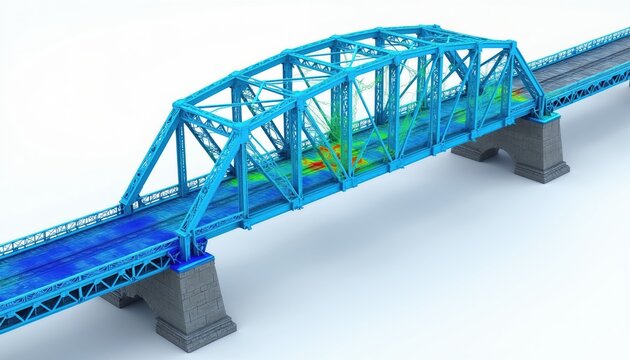 Blue metal truss bridge with stress simulation overlay. Heat map shows structural load distribution and stress points on bridge deck and framework. Digital analysis concept.