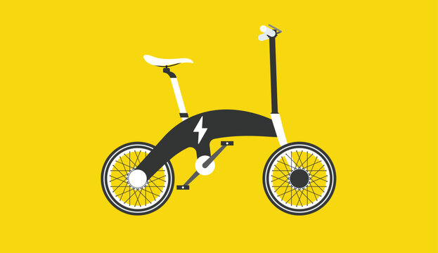 A sleek black and white electric bicycle with a unique design and a lightning bolt logo against a bright yellow background