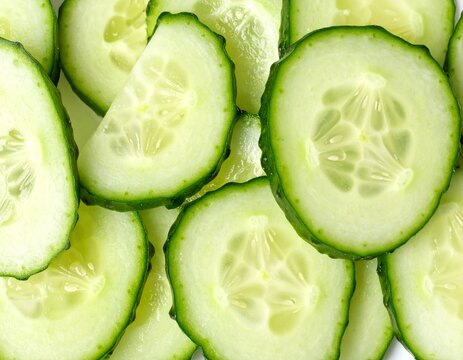 Top view of fresh green cucumber slices pattern, macro texture of organic vegetable rounds for healthy eating and skincare