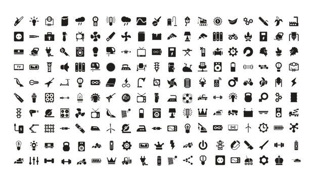 A collection of various black icons on a white background representing different objects and symbols