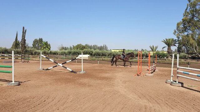 Teenage boy riding a horse at full gallop in an outdoor equestrian arena with jump obstacles. Young rider practicing horseback riding and show jumping skills on a sunny day. 