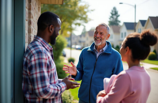 Three people chat outside house doorway on sunny day. Man in blue jacket gestures while talking to man and woman, possibly discussing service or home improvement. Neighbors interact friendly.