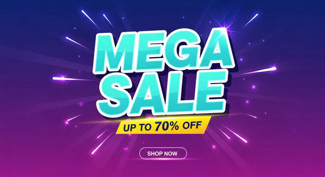 Teal sale text with white outline on a purple gradient background with light rays, showcasing a special offer and promotion for business