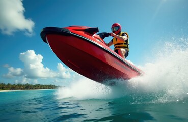 Fototapeta premium Man rides jet ski fast through ocean waves creating splash. Red watercraft jumps water, enjoys sunny day at tropical beach resort. Blue sky clouds over sea.