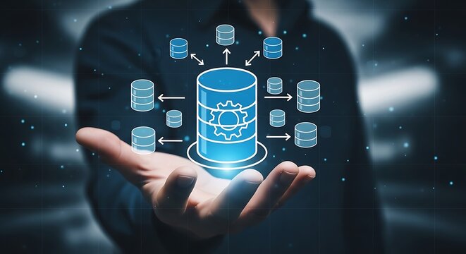 Person holding glowing blue database with gear and multiple data flow arrows technology